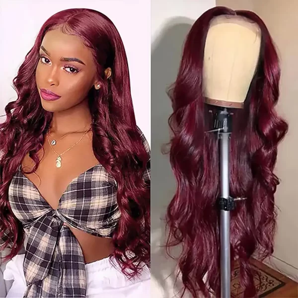 Closure Wigs Human Hair Body Wave Burgundy Color Hair Wigs with Baby Hair