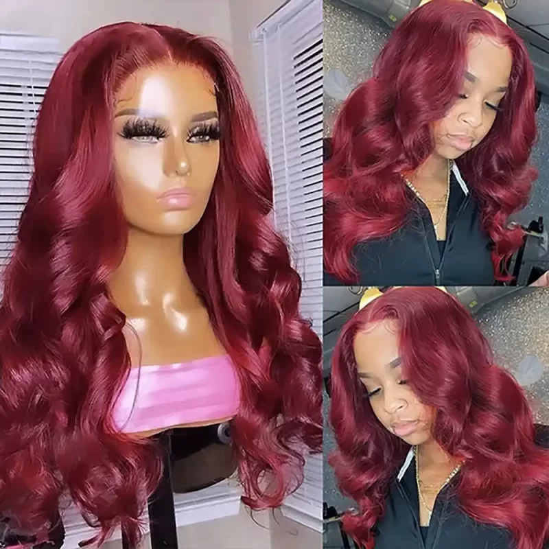 Closure Wigs Human Hair Body Wave Burgundy Color Hair Wigs with Baby Hair