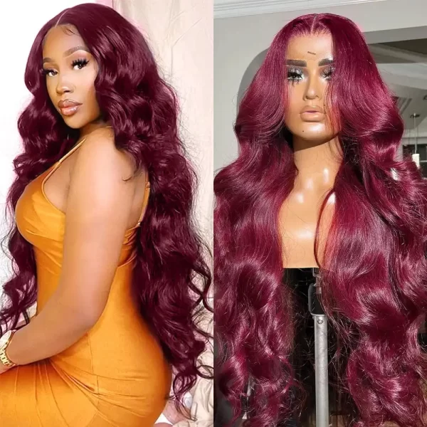 Lace Frontal Wigs Human Hair Body Wave Burgundy Color Hair Wigs with Baby Hair