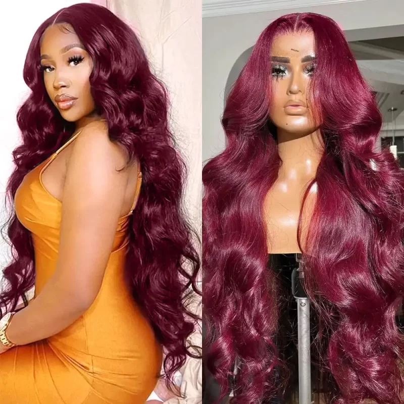 Lace Frontal Wigs Human Hair Body Wave Burgundy Color Hair Wigs with Baby Hair